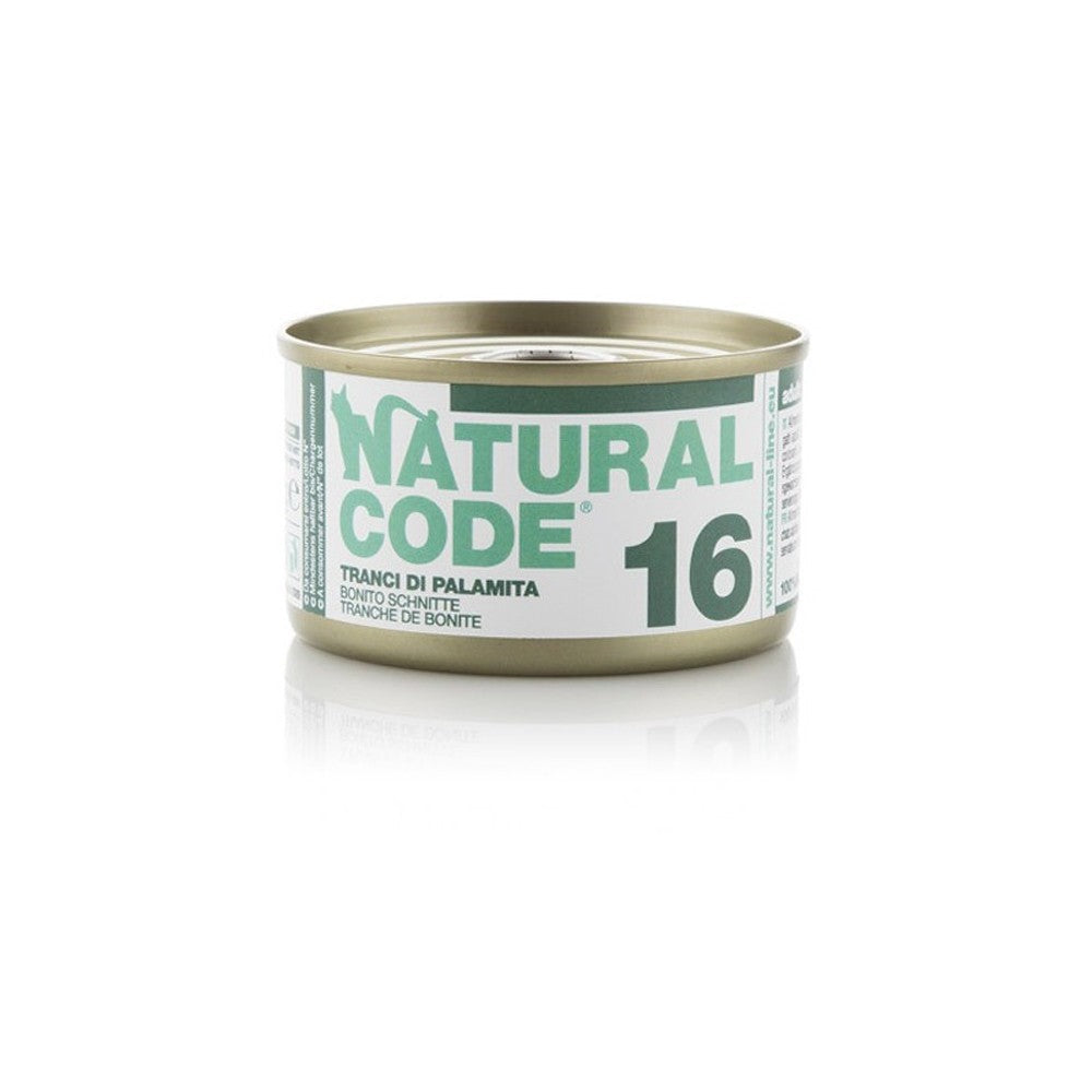 Scatoletta di alimento umido per gatti con tranci di palamita Natural Code da 85 g