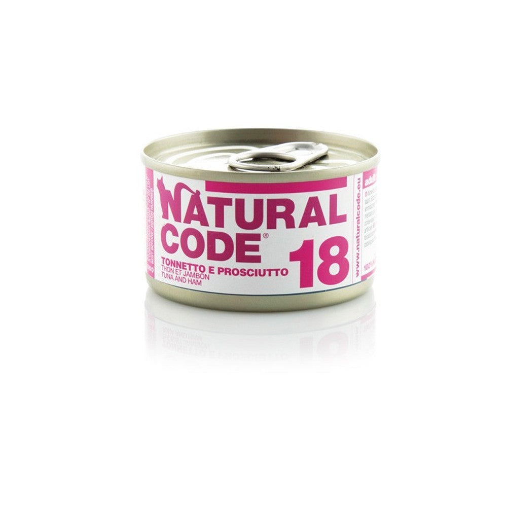 Scatoletta di alimento umido per gatto con tonnetto e prosciutto Natural Code da 85 g