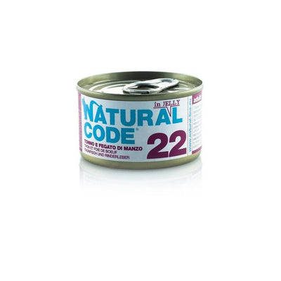 Scatoletta di alimento umido per gatti con tonno e fegato di manzo Natural Code da 85 g