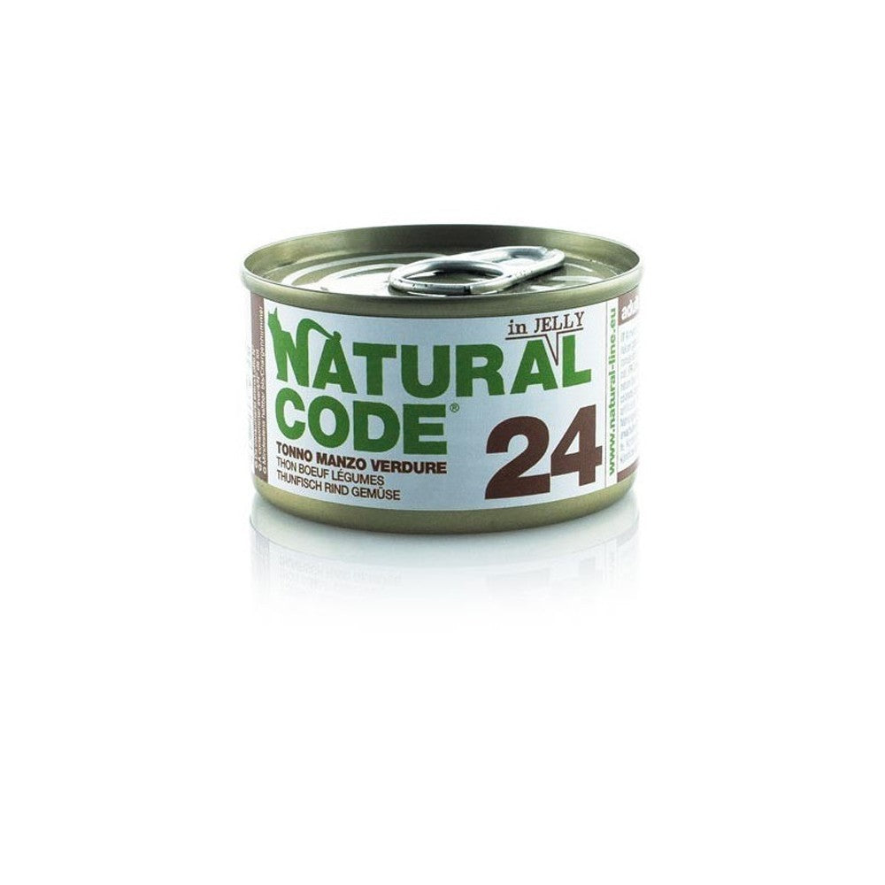 Scatoletta di alimento umido per gatti con tonno manzo e verdure Natural Code da 85 g