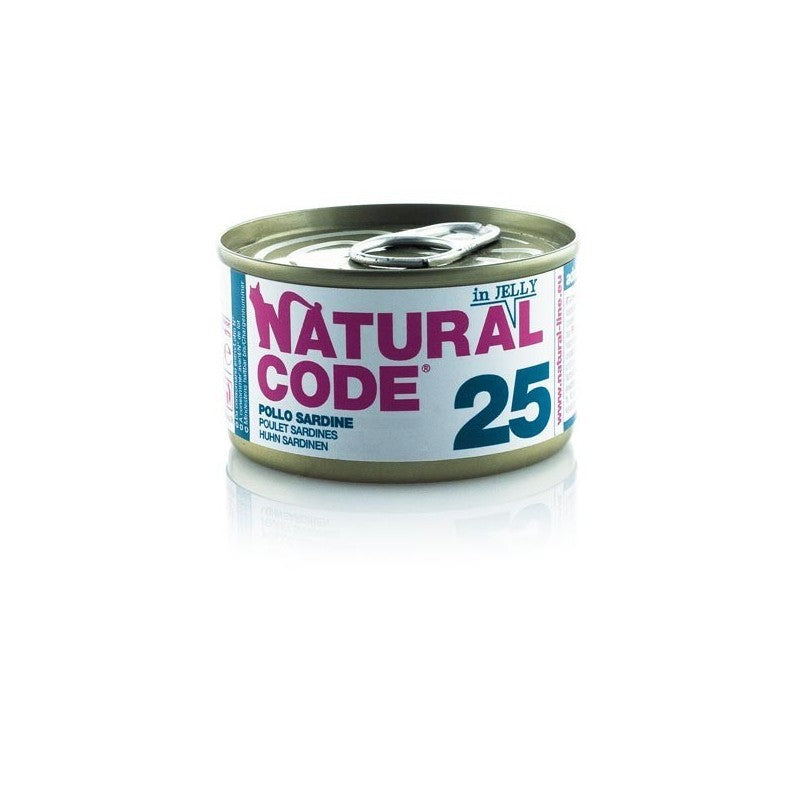 Scatoletta di alimento umido per gatti con pollo e sardine Natural Code da 85 g