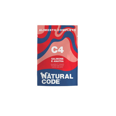 Natural Code C04 Salmone e Anatra alimento umido completo per gatti adulti bustina da 70 g con salmone, anatra e zucchine disponibile su Partenopet.