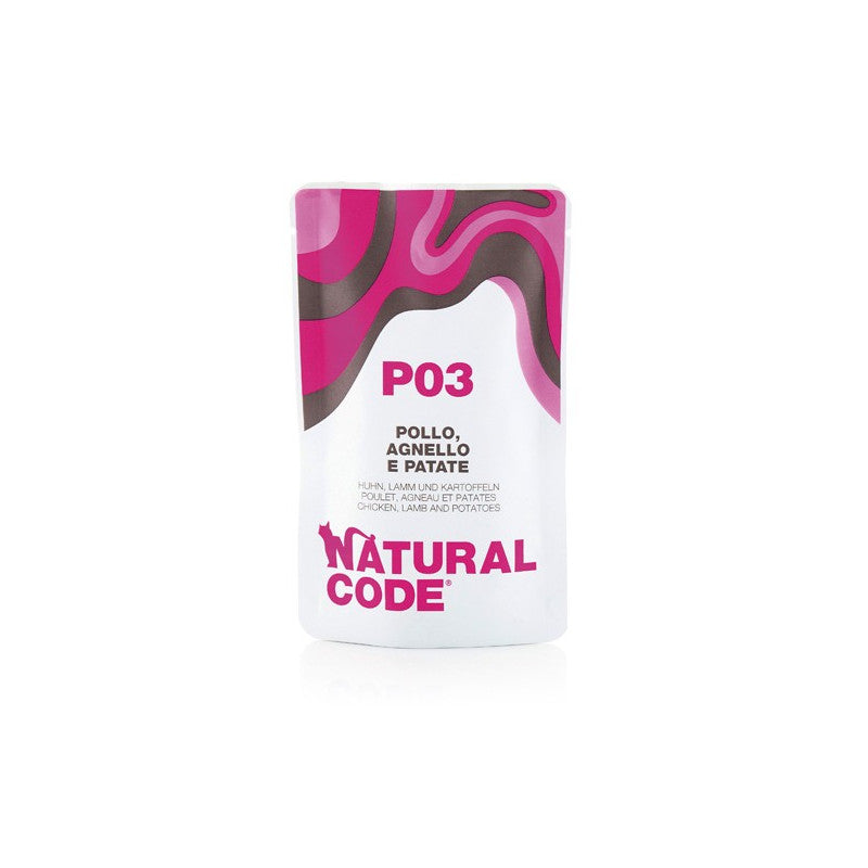 Natural Code P03 Pollo Agnello e Patate alimento umido per gatti adulti da 70 g con pollo, agnello, patate e riso, ricetta naturale in bustina.