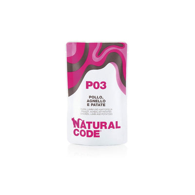 Natural Code P03 Pollo Agnello e Patate alimento umido per gatti adulti da 70 g con pollo, agnello, patate e riso, ricetta naturale in bustina.