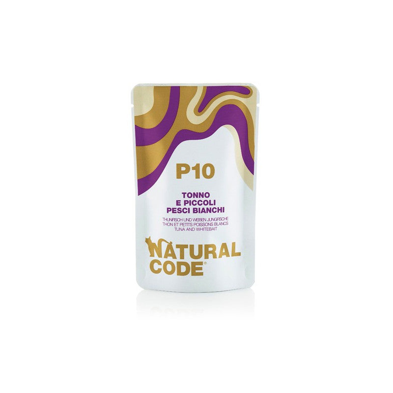 Natural Code P10 Tonno e Piccoli Pesci Bianchi alimento umido completo per gatti adulti bustina da 70 g con tonno Skipjack e piccoli pesci bianchi.