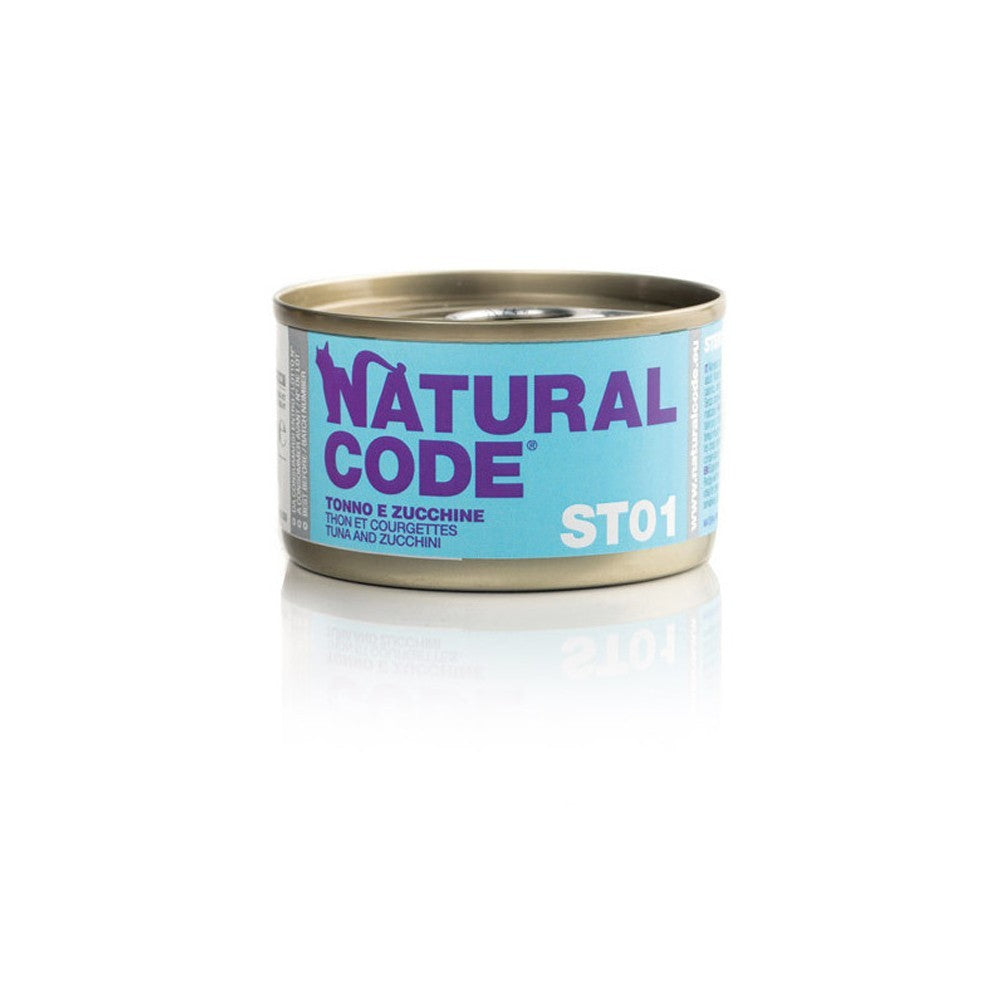 Scatoletta di alimento umido per gatti sterilizzati con tonno e zucchine Natural Code da 85 g