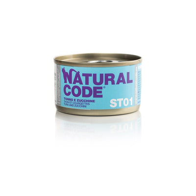 Scatoletta di alimento umido per gatti sterilizzati con tonno e zucchine Natural Code da 85 g