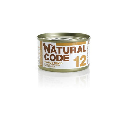 Scatoletta di alimento umido per gatti con tonno e manzo Natural Code da 85 g