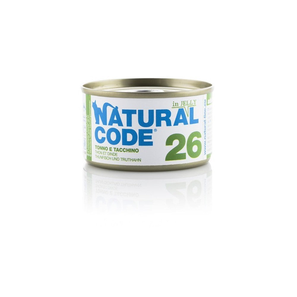 Scatoletta di alimento umido per gatti con tonno e tacchino Natural Code da 85 g