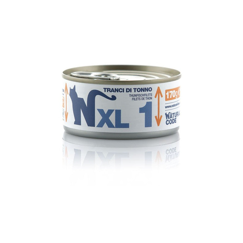 Natural Code XL01 Tranci di Tonno alimento complementare per gatti adulti in lattina da 170 g con 75% tonno e 1% riso.