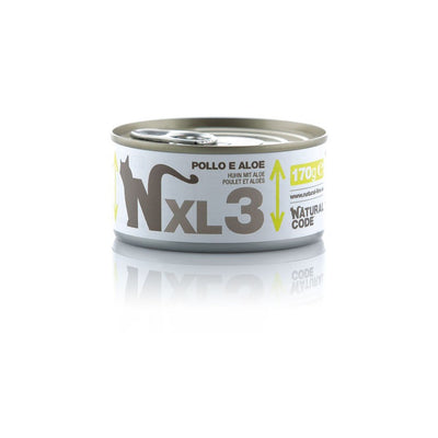 Natural Code XL03 Pollo e Aloe alimento complementare per gatti adulti in lattina da 170 g con 65% pollo, aloe, senza glutine e ingredienti naturali.