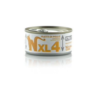 Natural Code XL04 Filetti di Pollo alimento complementare per gatti adulti in lattina da 170 g con 75% pollo allevato a terra, senza glutine e ingredienti naturali.
