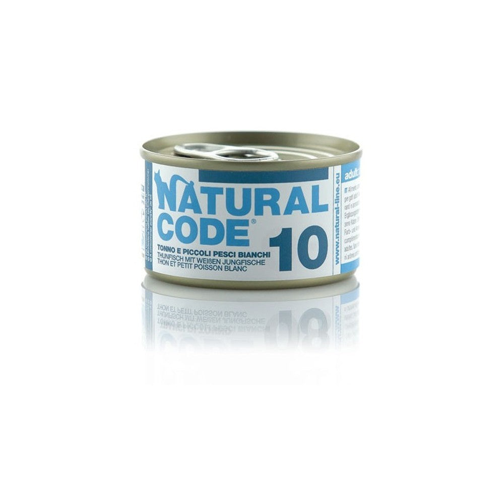Scatoletta di alimento umido per gatti con tonno e piccoli pesci bianchi Natural Code da 85 g