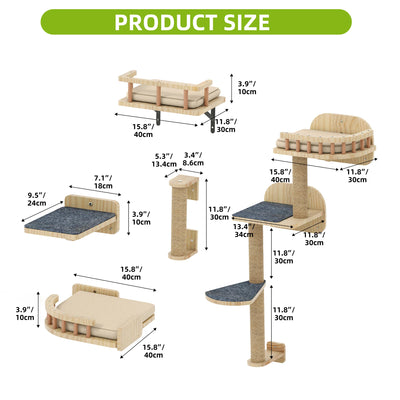 Parete Attrezzata per Gatti in Legno - Set 7 Pezzi: Percorso Avventura con Cuccia, Tiragraffi e Mensole - Partenopet
