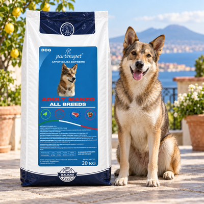 Cane adulto accanto al sacco Partenopet Dog Adult Manzo 20 kg