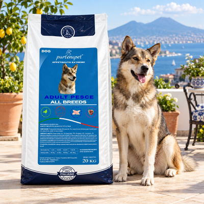 Cane adulto accanto al sacco Partenopet Dog Adult Pesce 20 kg