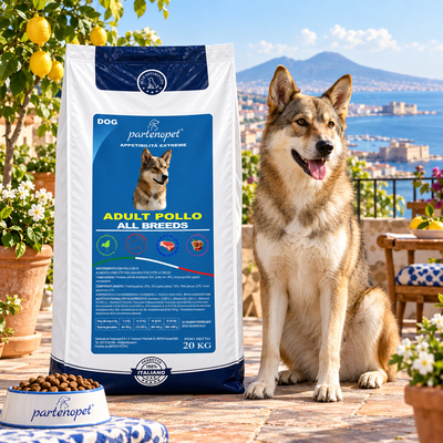 Cane adulto accanto al sacco Partenopet Dog Adult Pollo 20 kg
