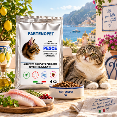 Gatto sterilizzato accanto alla confezione Partenopet Cat Sterilizzato Pesce 4 kg