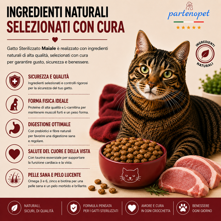 Sacco da 1,5 kg crocchette Partenopet Adult Cat al maiale, alimento naturale per gatti adulti pressato a freddo prodotto in Italia, senza conservanti né coloranti.