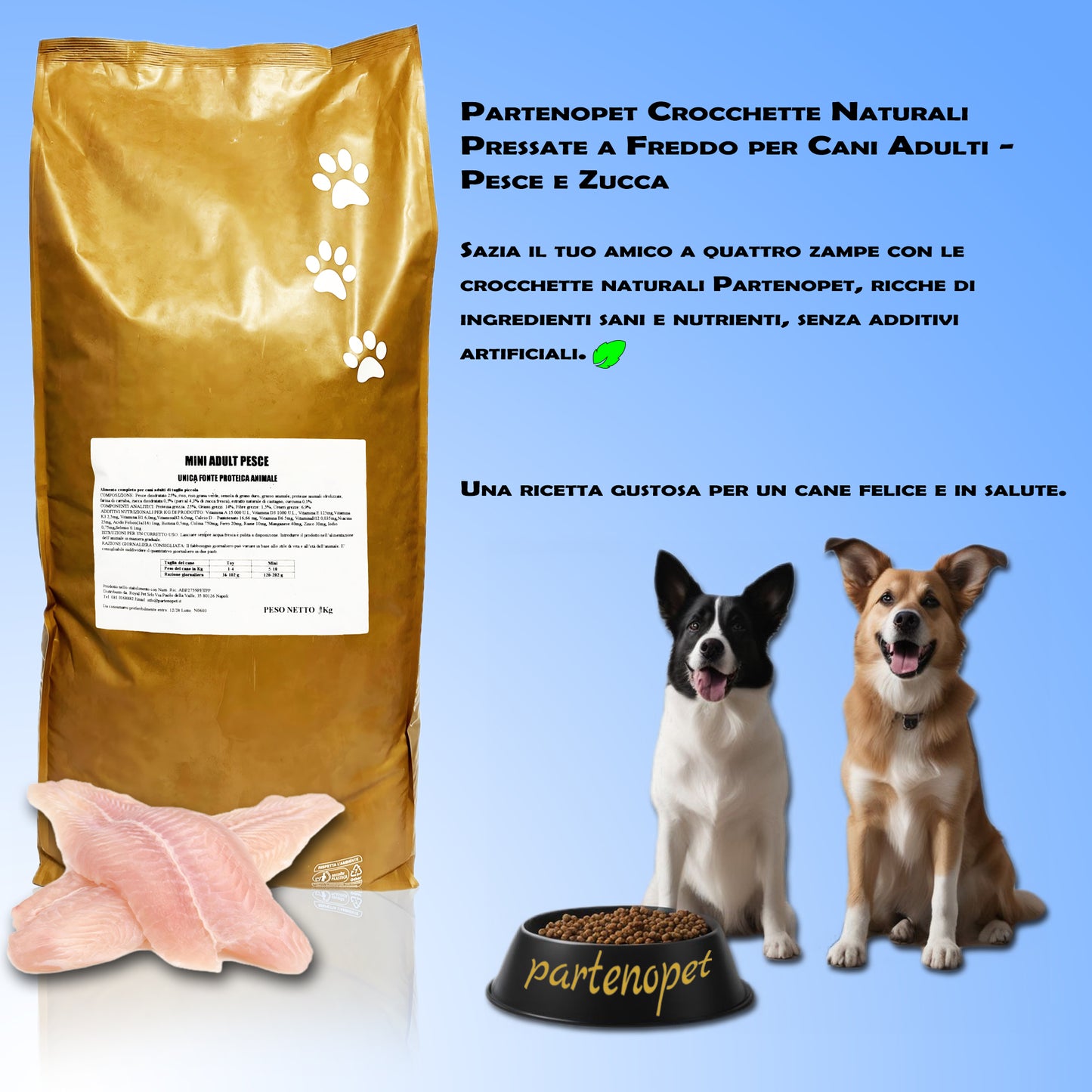 Partenopet Adult Mini Monoproteico Pesce e Zucca Crocchette per Cani 100% Naturali 12 kg - Partenopet