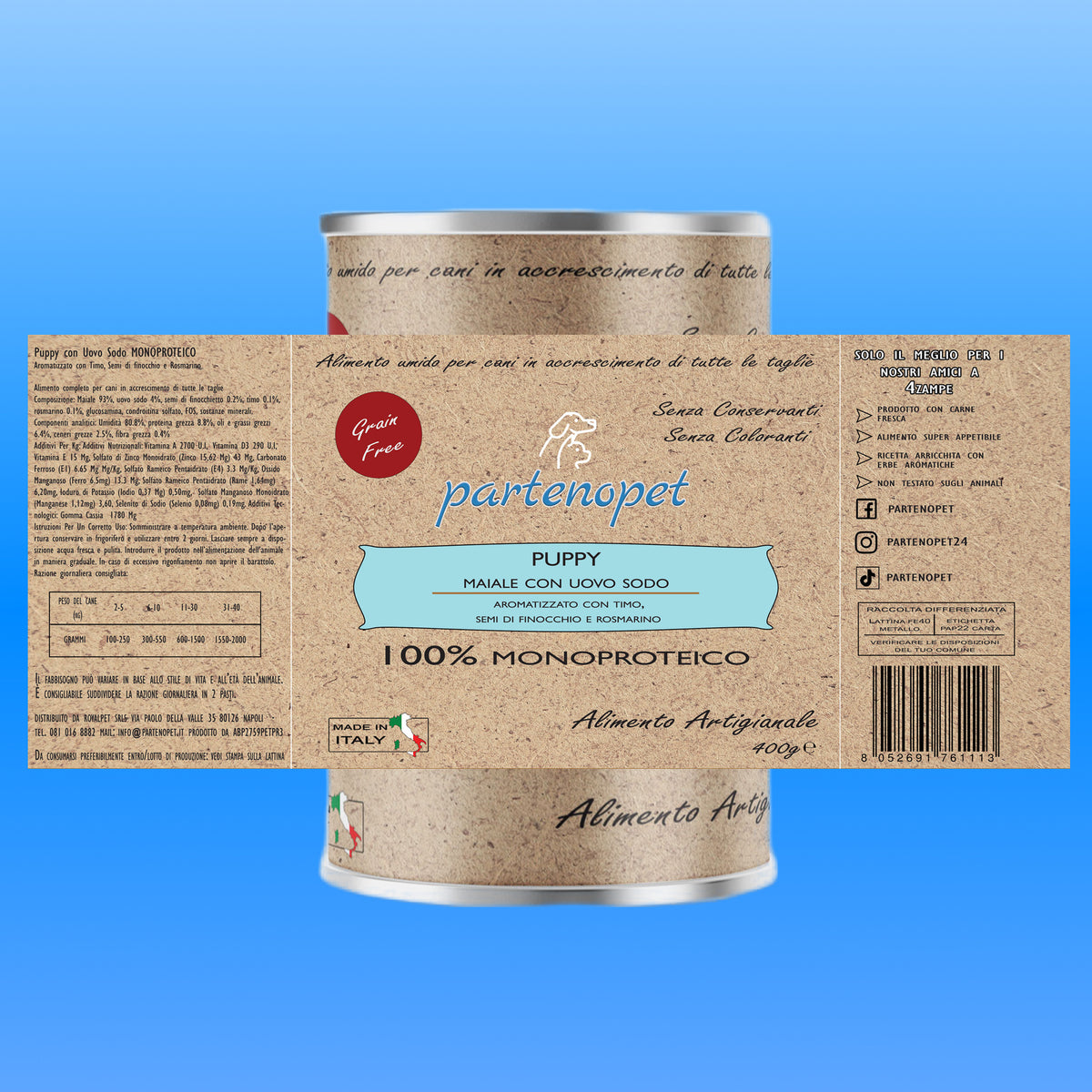 Partenopet Alimento Umido per Cani Cuccioli Monoproteico Grain Free Patè Puppy Maiale con Uovo Sodo 400g - Partenopet