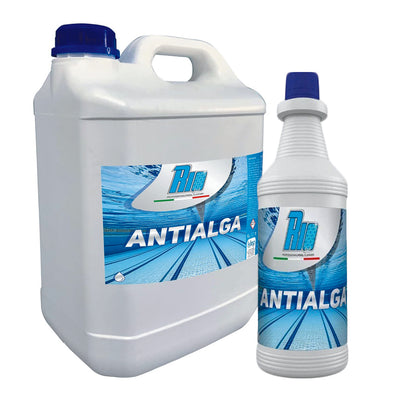 Flacone e tanica Rio Antialga liquido professionale per piscina, disponibile nei formati 1kg, 5kg, 10kg e 20kg. Antialghe non schiumogeno e schiarente per acqua cristallina.
