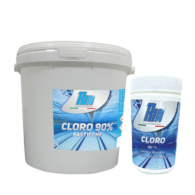 Confezione di Rio Cloro 90% in pastiglie da 200g per piscina, tricloro stabilizzato ad alta concentrazione per il mantenimento settimanale dell'acqua, azione antialghe e lenta dissoluzione, formati da 1kg a 25kg.