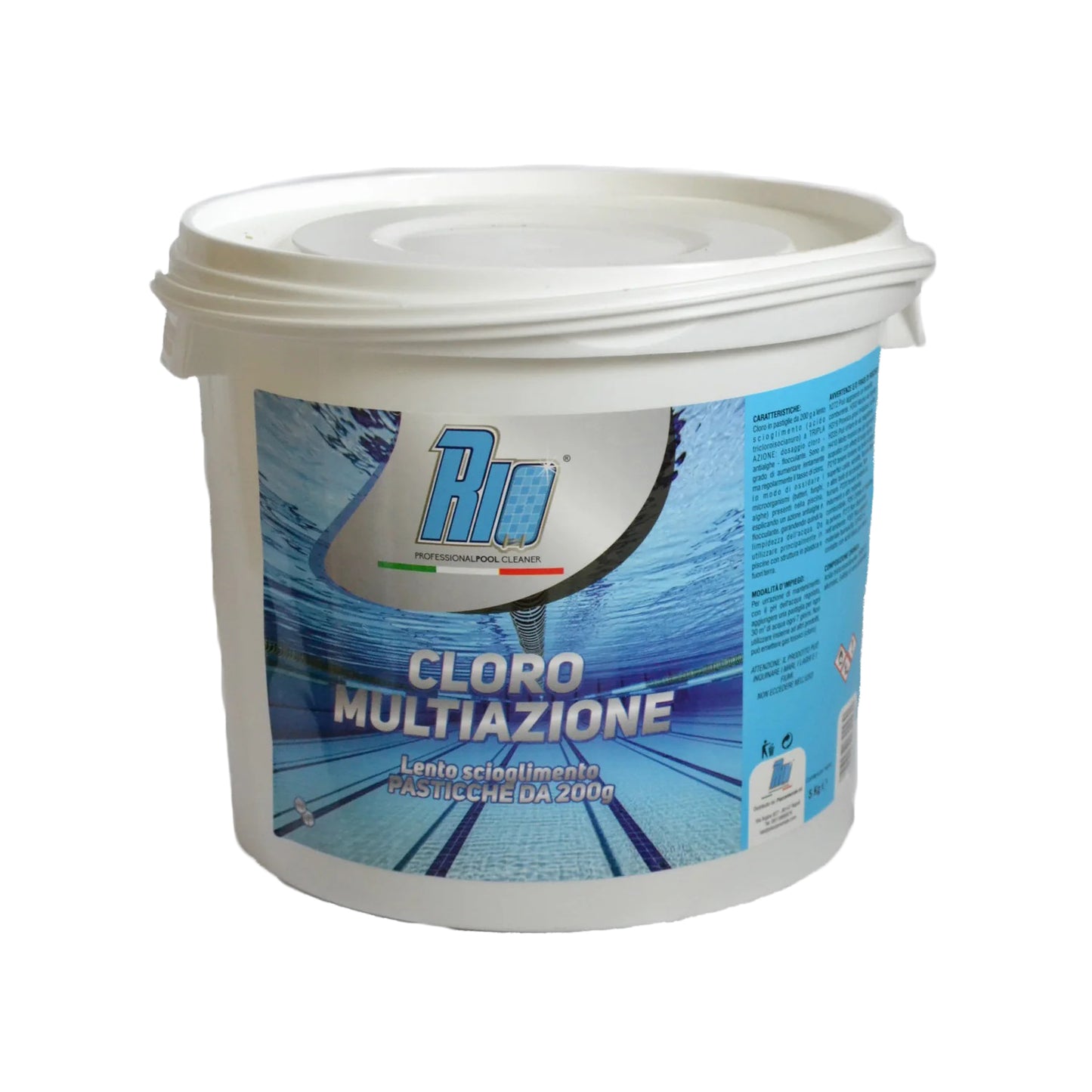 Confezioni di Rio Cloro Multiazione in pastiglie da 200g, trattamento 3 in 1 per piscina con cloro, antialghe e flocculante, ideale per piscine fuori terra e in plastica, formati da 1kg a 25kg.