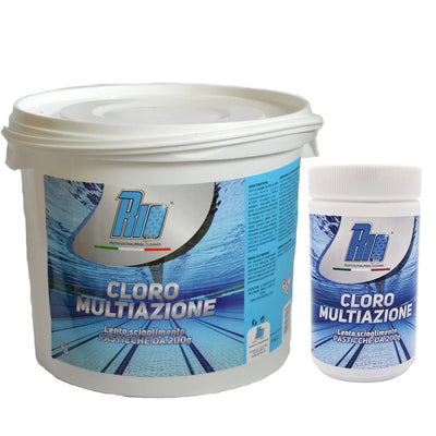 Barattolo di Rio Cloro Multiazione in pastiglie da 20g per piscina, azione 3 in 1 cloro, antialghe e flocculante, specifico per piscine fuori terra e spa.