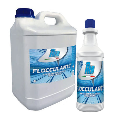 Flacone e tanica Rio Flocculante liquido per piscina, disponibile nei formati 1L, 5L, 10L e 20L. Chiarificatore professionale per eliminare l'acqua torbida e potenziare il filtro a sabbia.