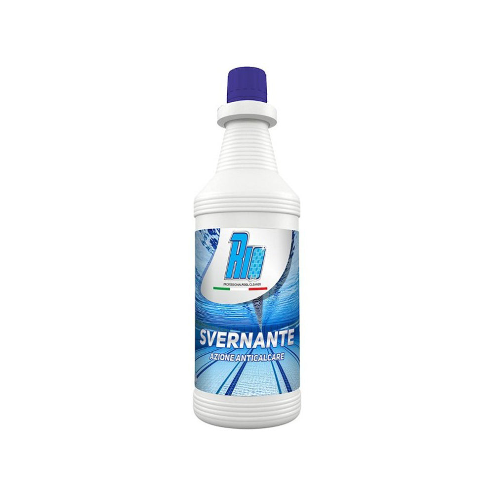 Flacone di Rio Svernante liquido professionale da 1kg per la conservazione invernale della piscina, prodotto Made in Italy antialghe e anticalcare per acque sotto i 17 gradi.