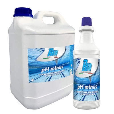 Tanica di Rio pH Meno liquido, correttore di acidità professionale a base di acido solforico per abbassare il pH della piscina, ideale per dosaggio manuale o automatico.