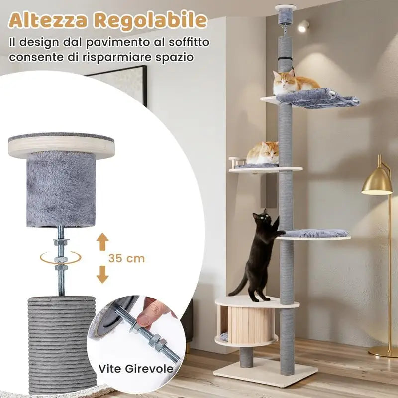 Tiragraffi Soffitto-Pavimento in Legno Multilivello – Torre per Gatti Regolabile (236-271 cm) con Cuccia in Pino, Amaca e Tappetini Lavabili