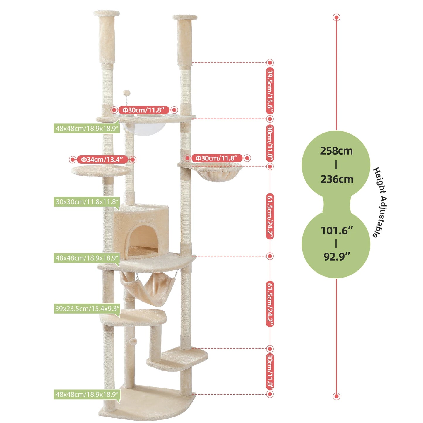 Tiragraffi Albero per Gatti da Pavimento a Soffitto | Cat Tree Regolabile con Cuccia, Amaca e Pali in Sisal