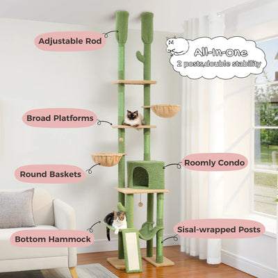 Tiragraffi Albero per Gatti da Pavimento a Soffitto | Cat Tree Regolabile con Cuccia, Amaca e Pali in Sisal - Partenopet