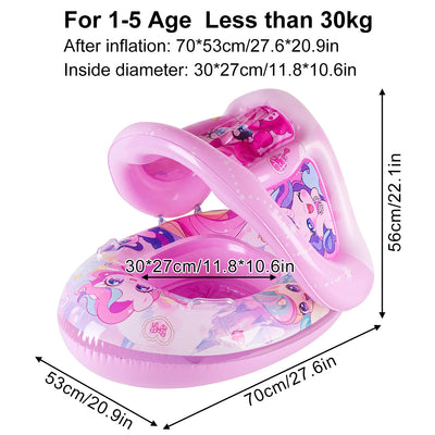 Salvagente gonfiabile per bambini 1-5 anni con tettuccio parasole staccabile, dimensioni 70x53 cm, disponibile in 4 fantasie colorate per mare e piscina.