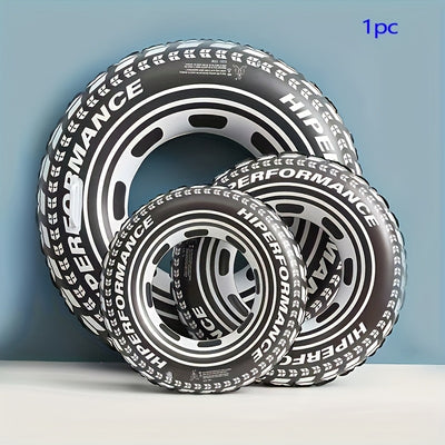 Salvagente gonfiabile a forma di ruota di macchina nera, design pneumatico realistico, disponibile in tre misure per bambini e adulti, ideale per mare e piscina.