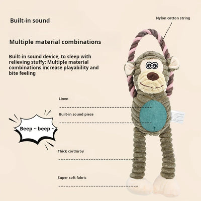 Gioco Premium per Cani | Peluche Animale (Scimmia/Leone/Elefante) con Corda in Nylon Resistente e Squittio