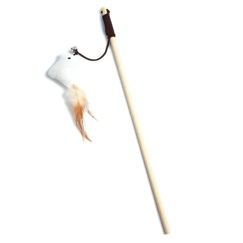 Bacchetta Gioco per Gatti con Piume Colorate e Pendaglio | Cat Wand Interattiva in Legno