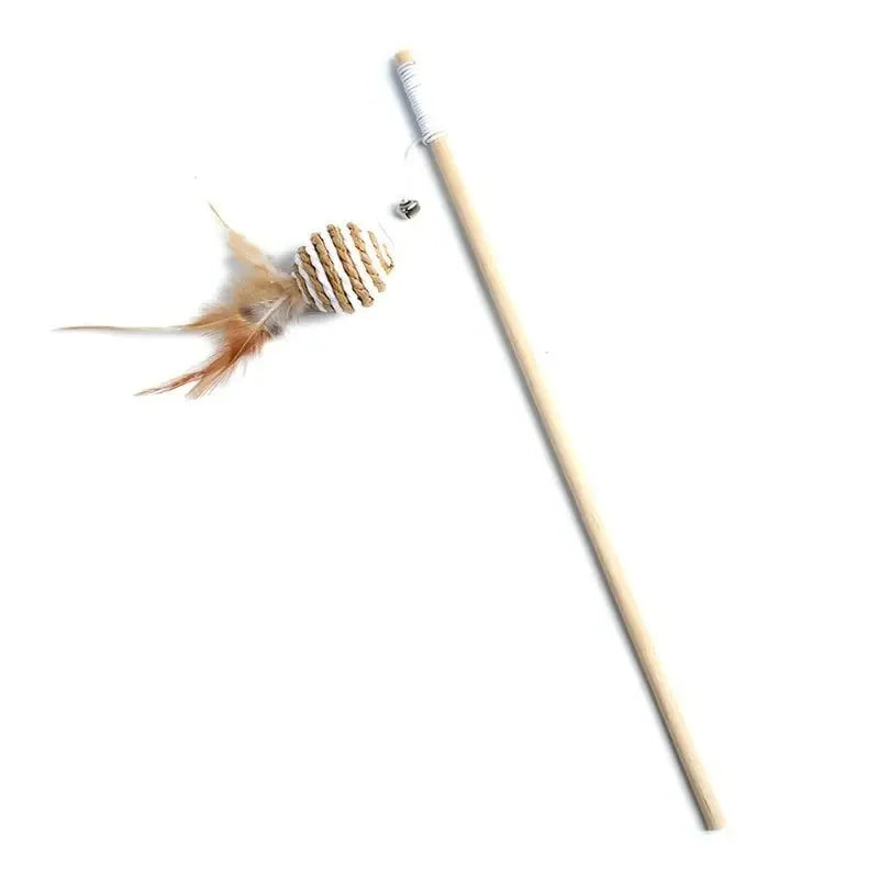 Bacchetta Gioco per Gatti con Piume Colorate e Pendaglio | Cat Wand Interattiva in Legno