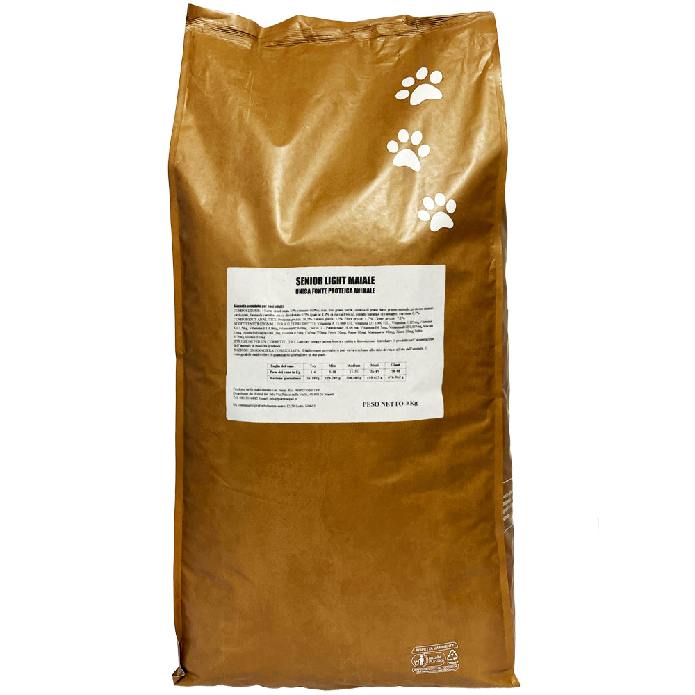 Sacco da 12kg di crocchette Partenopet Senior Light al Maiale per cani anziani, alimento monoproteico naturale pressato a freddo, Low Fat con Curcuma e Zucca, prodotto in Italia.