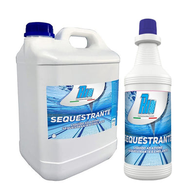 Flacone e tanica di sequestrante e chelante liquido professionale per piscina, disponibile in formati da 1kg a 20kg. Ideale per prevenire macchie di ferro e calcare in piscina.