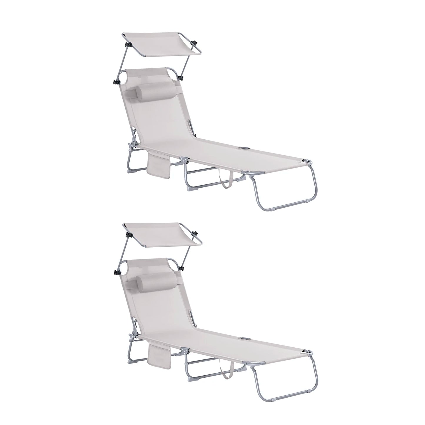 Set 2 lettini prendisole pieghevoli in metallo e tessuto sintetico traspirante, colore Sky Blue, con tettuccio parasole regolabile e cuscino poggiatesta, portata 150kg.
