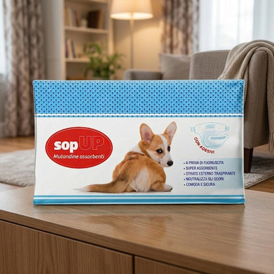 Confezione di mutandine assorbenti per cani Sop Up, pannolini igienici per incontinenza e calore, disponibili in varie taglie dalla XS alla XL.
