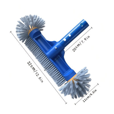 Spazzola professionale per piscina con estremità arrotondate e setole blu resistenti, impugnatura ergonomica a 45 gradi, ideale per pulire angoli e pareti di piscine e spa.