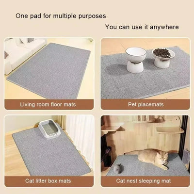 Tappeto tiragraffi autoadesivo di colore grigio scuro applicato sull'angolo di un divano grigio per protezione contro i graffi del gatto, tessuto ritagliabile e resistente.