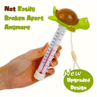 Termometro galleggiante per piscina a forma di tartaruga marina verde, scala graduata Celsius e Fahrenheit, ideale per il monitoraggio della temperatura in spa e acquari.