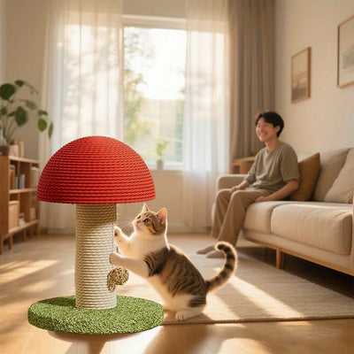 Tiragraffi per gatti a forma di fungo rosso e bianco con colonna in sisal naturale e base verde con pom-pon gioco, design moderno e originale per interni.