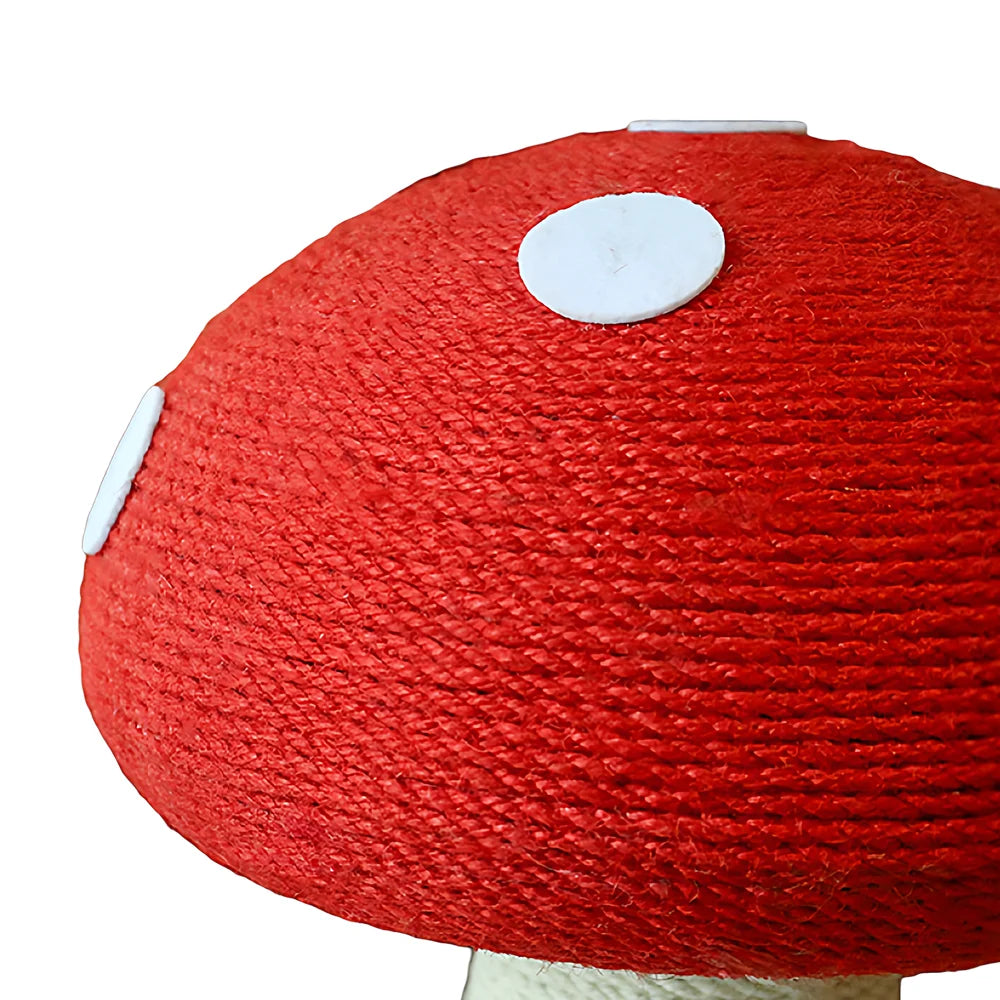 Palo tiragraffi per gatti a forma di fungo rosso con colonna in sisal bianco e base circolare robusta, altezza 54 cm, ideale per la cura delle unghie e come gioco d'arredo.