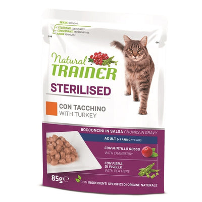 Confezione da 4 bustine di alimento umido al tacchino per gatti sterilizzati Trainer da 85 g cad.